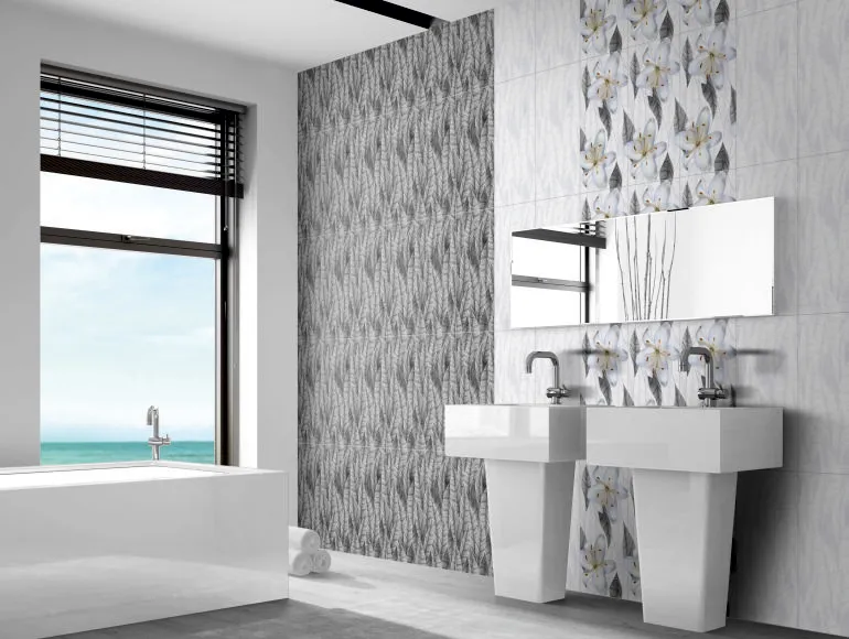 ODH Leaves Flora HL, ODG Leaves Grey DK & ODG Leaves Grey LT Bathroom Ambiance Ceramic Wall Tiles 300x600 MM